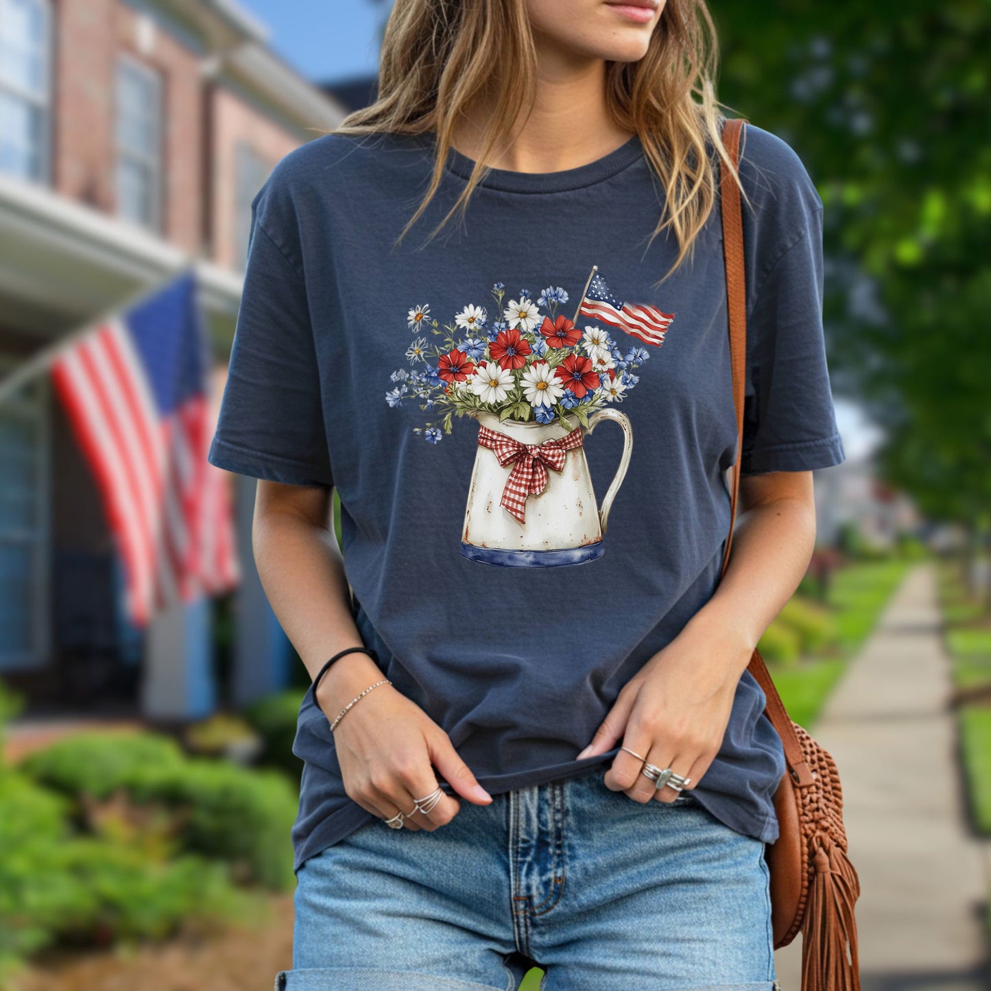 Patriotic Flower Pitcher with Flag T-Shirt