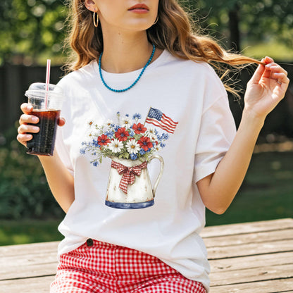 Patriotic Flower Pitcher with Flag T-Shirt