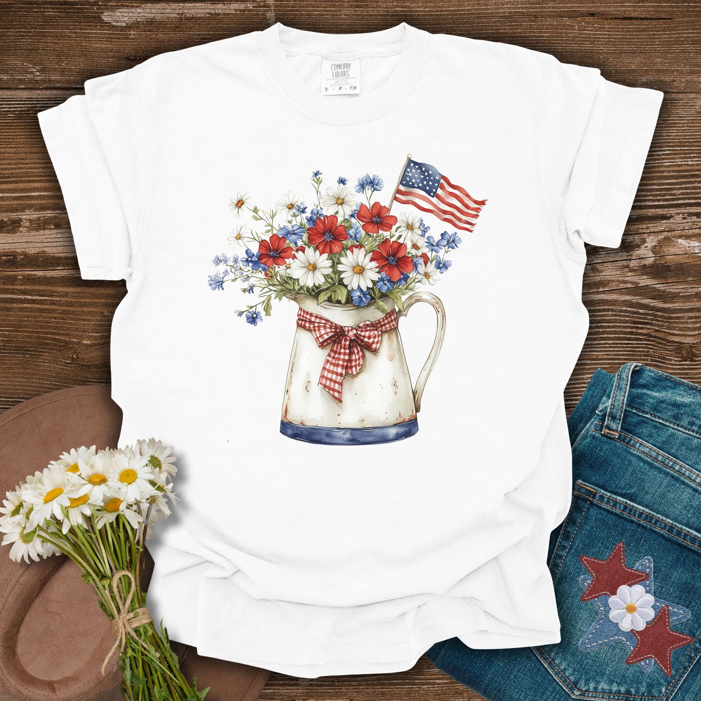 Patriotic Flower Pitcher with Flag T-Shirt