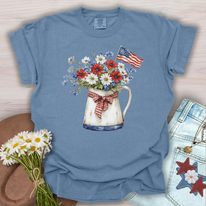 Patriotic Flower Pitcher with Flag T-Shirt