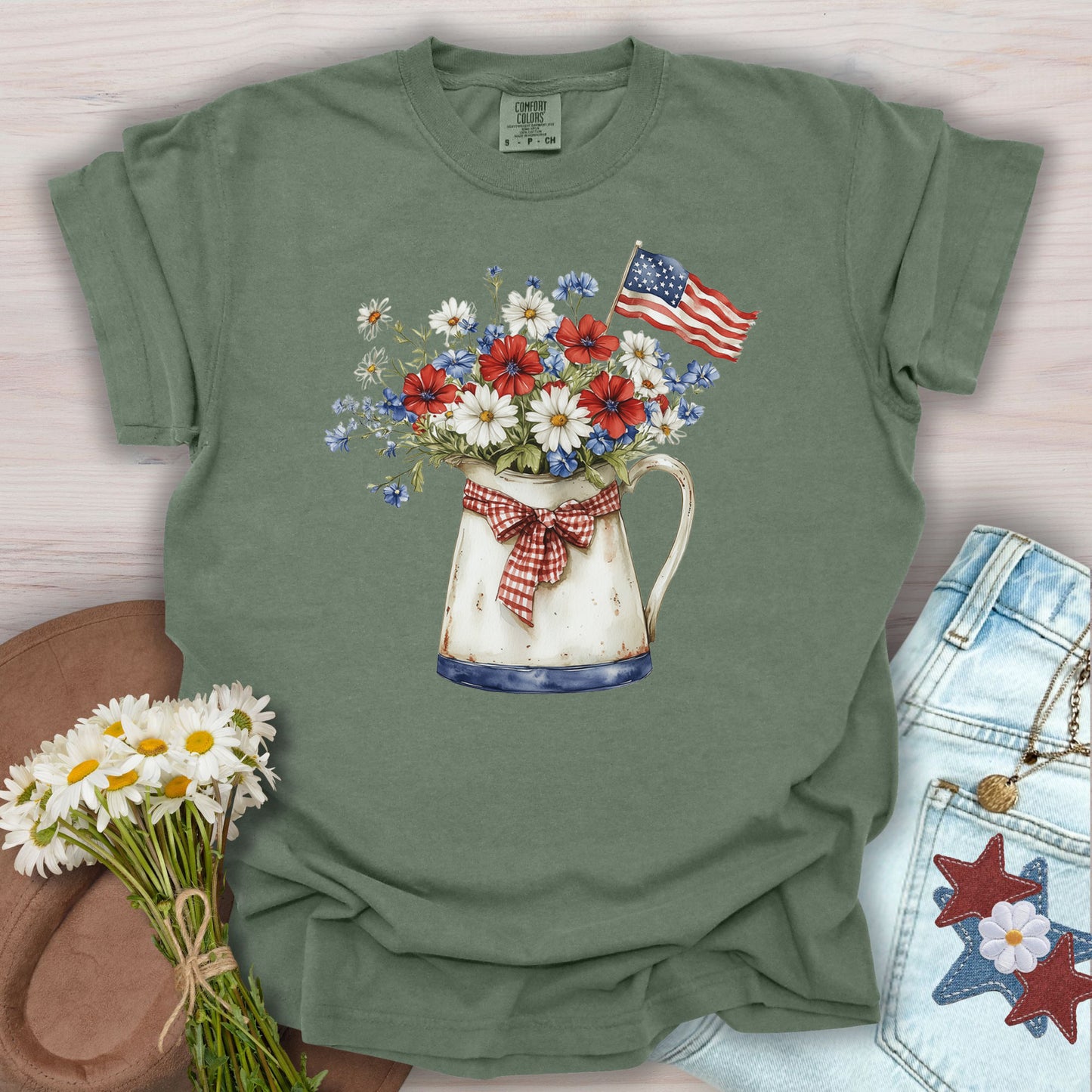 Patriotic Flower Pitcher with Flag T-Shirt