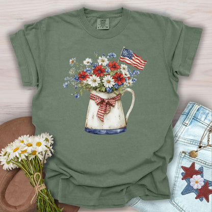 Patriotic Flower Pitcher with Flag T-Shirt