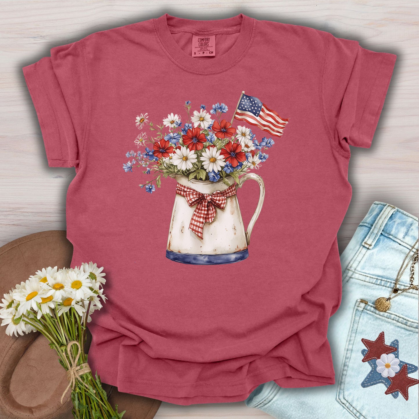Patriotic Flower Pitcher with Flag T-Shirt