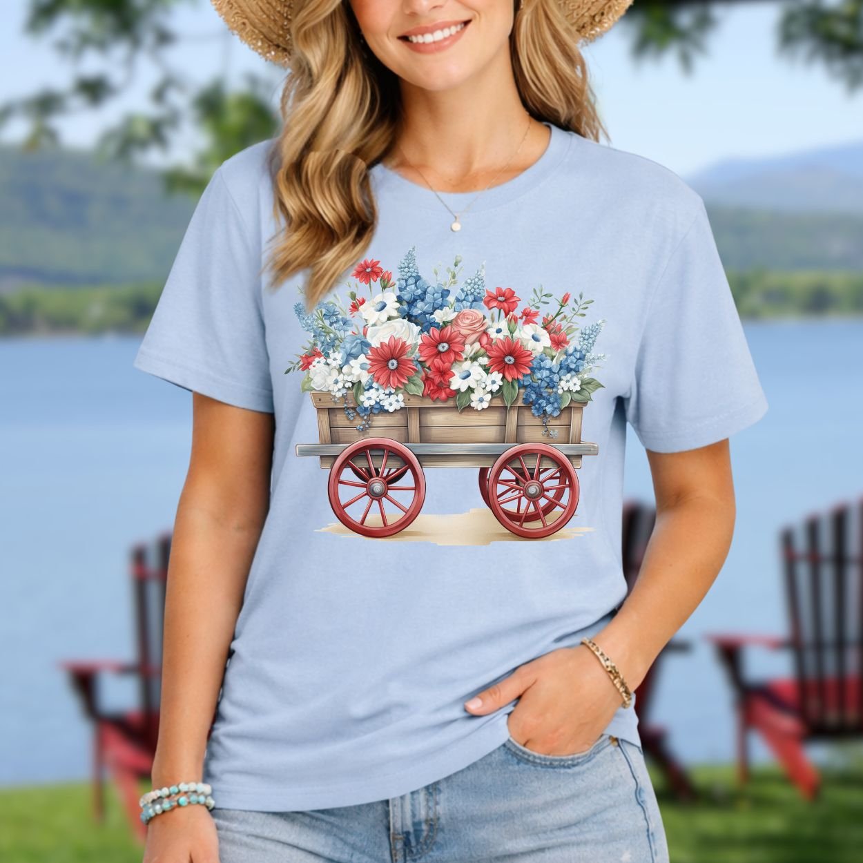 Light blue, relaxed-fit cotton t-shirt with a patriotic flower wagon design.