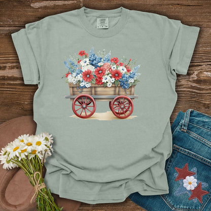 Bay S Patriotic Flower Wagon Gardening T-Shirt with red, white, and blue florals.