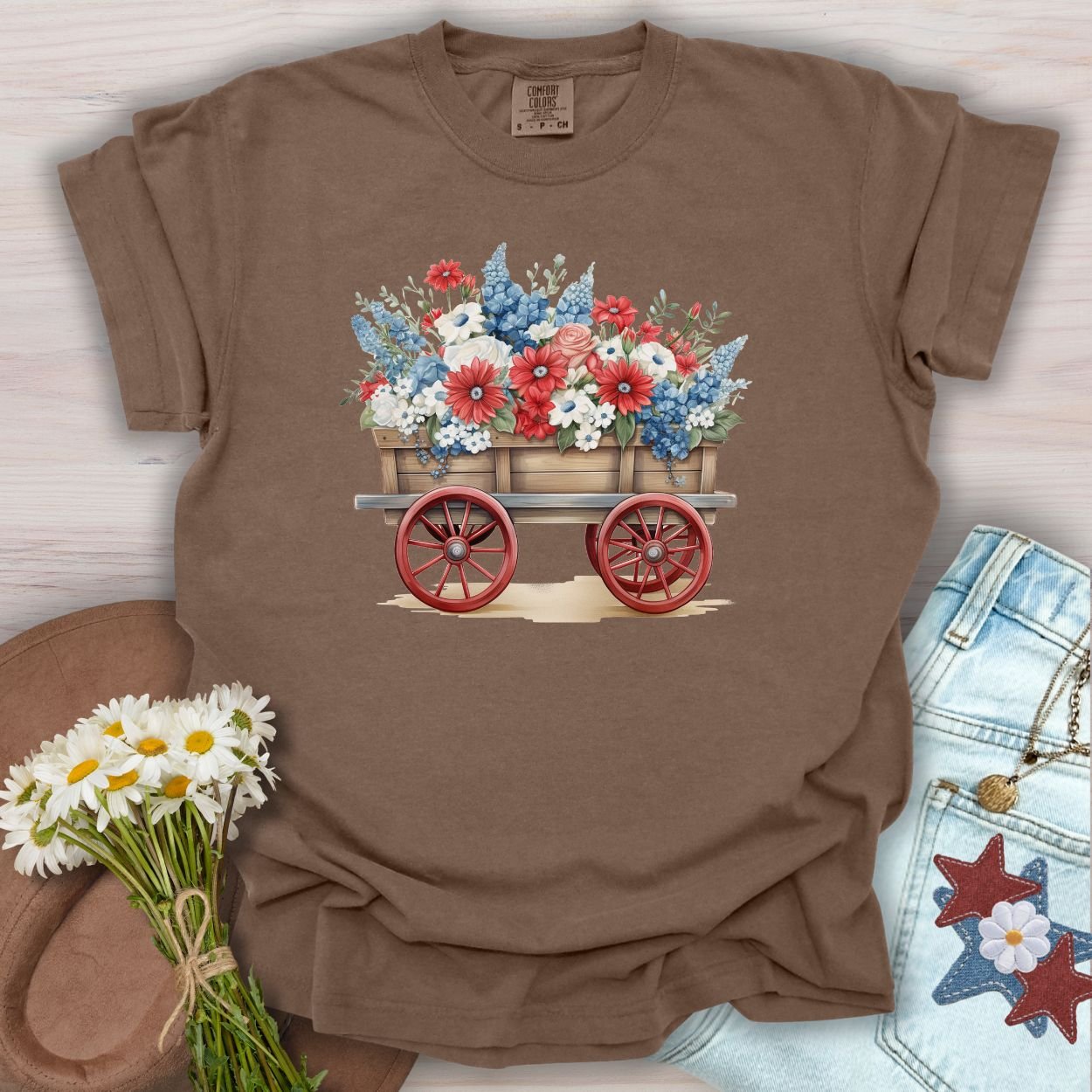 Espresso S garment-dyed cotton tee with a patriotic flower wagon design.