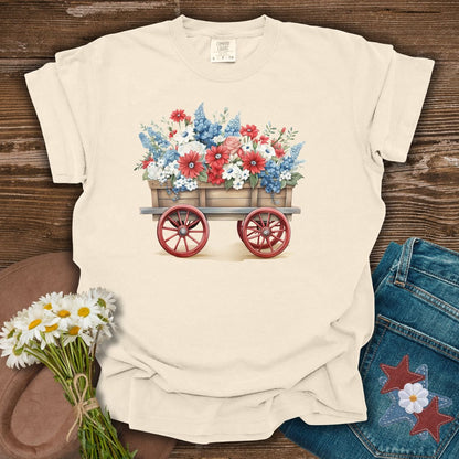 Ivory S Patriotic Flower Wagon T-Shirt with red, white, and blue florals, made from garment-dyed cotton.