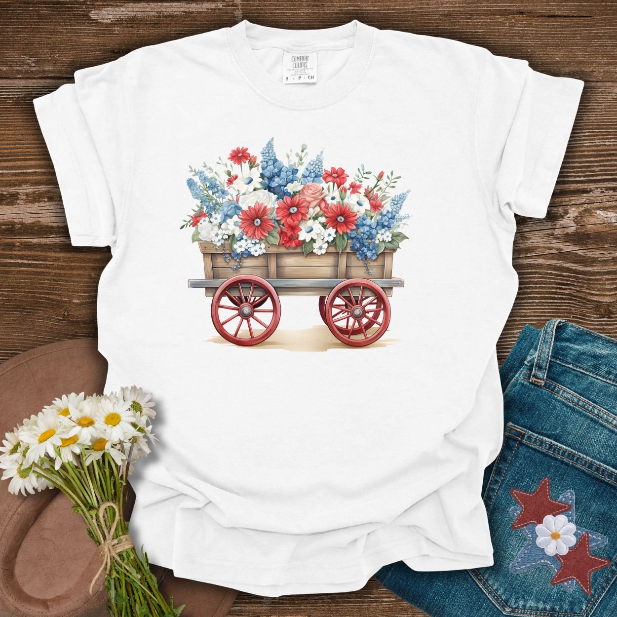 White S Patriotic Flower Wagon Gardening T-Shirt with red, white, and blue florals.