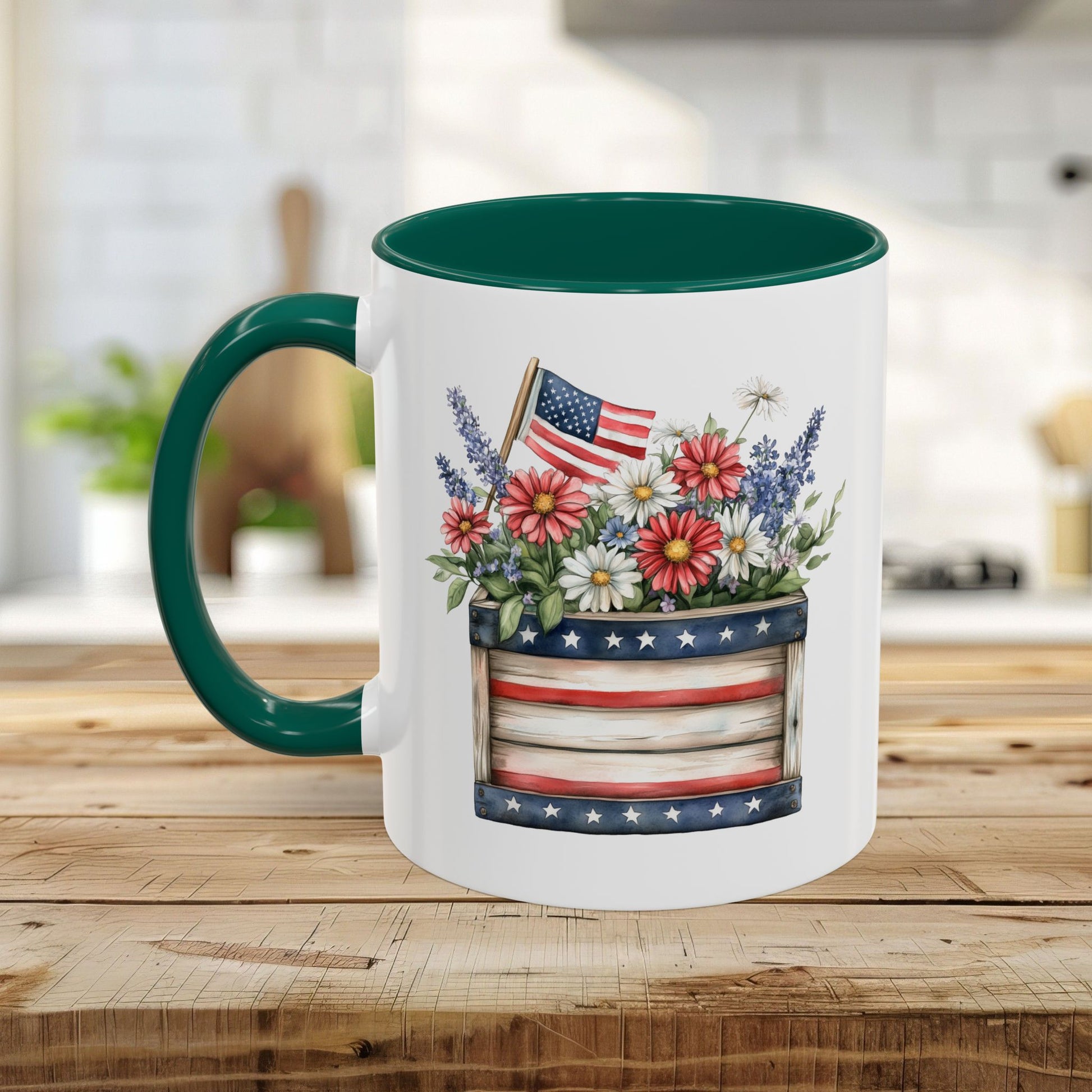 White ceramic mug with green handle and interior, featuring a patriotic pail of daisies, lavender, and a US flag.
