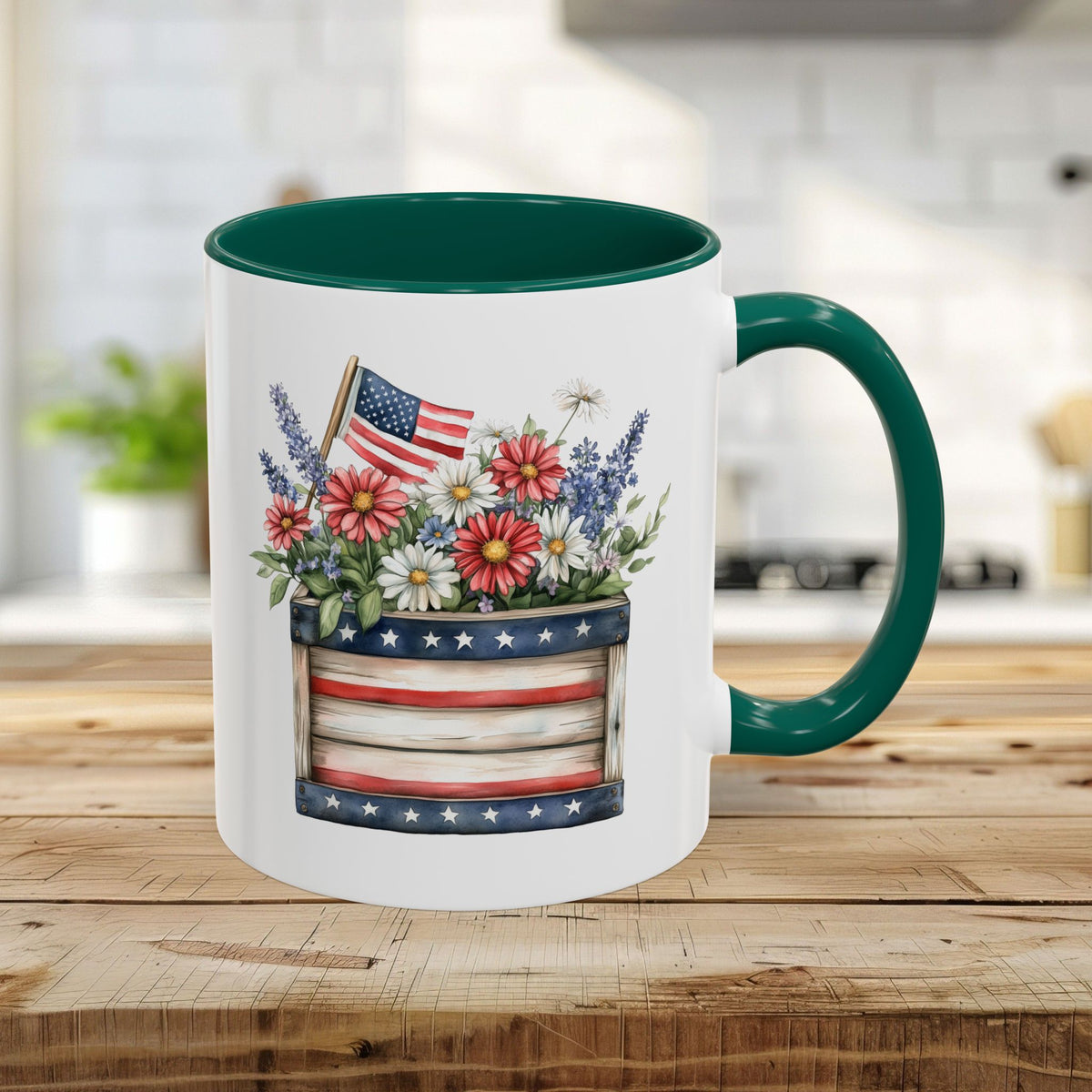 White 11oz ceramic mug with green handle and interior, featuring a patriotic garden box with daisies, lavender, and a US flag.
