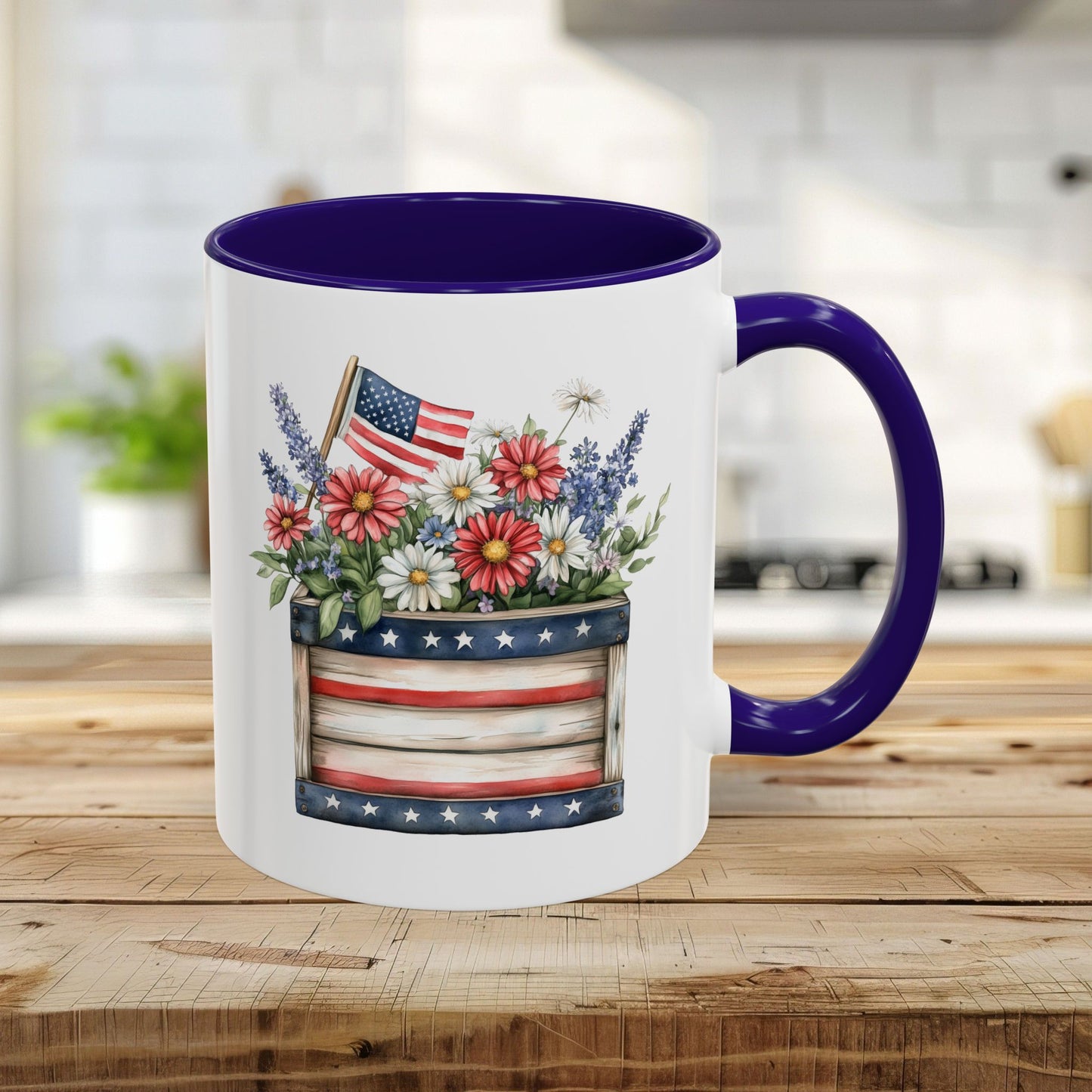11oz ceramic mug with blue interior/handle, featuring a patriotic garden box with daisies, lavender, and a US flag.