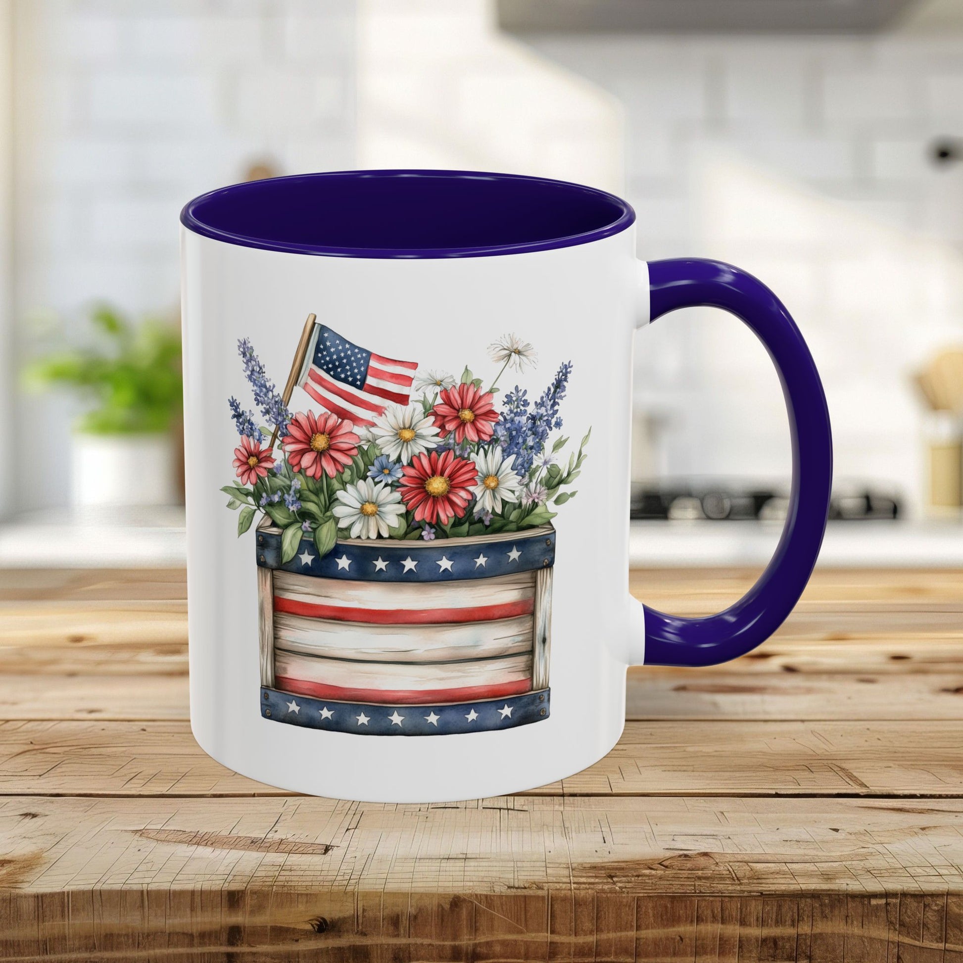 11oz ceramic mug with blue interior/handle, featuring a patriotic garden box with daisies, lavender, and a US flag.