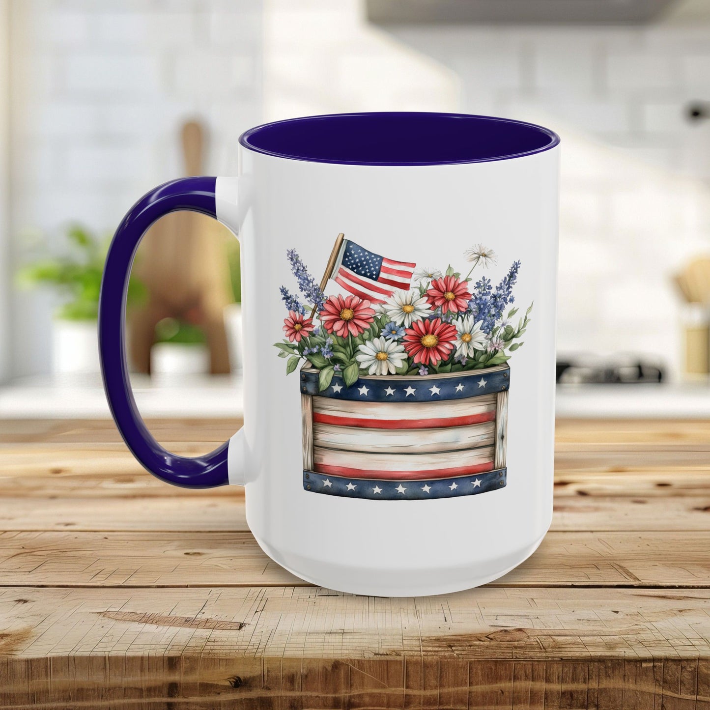 White ceramic mug with purple handle and interior, featuring a patriotic garden box with daisies, lavender, and a US flag.