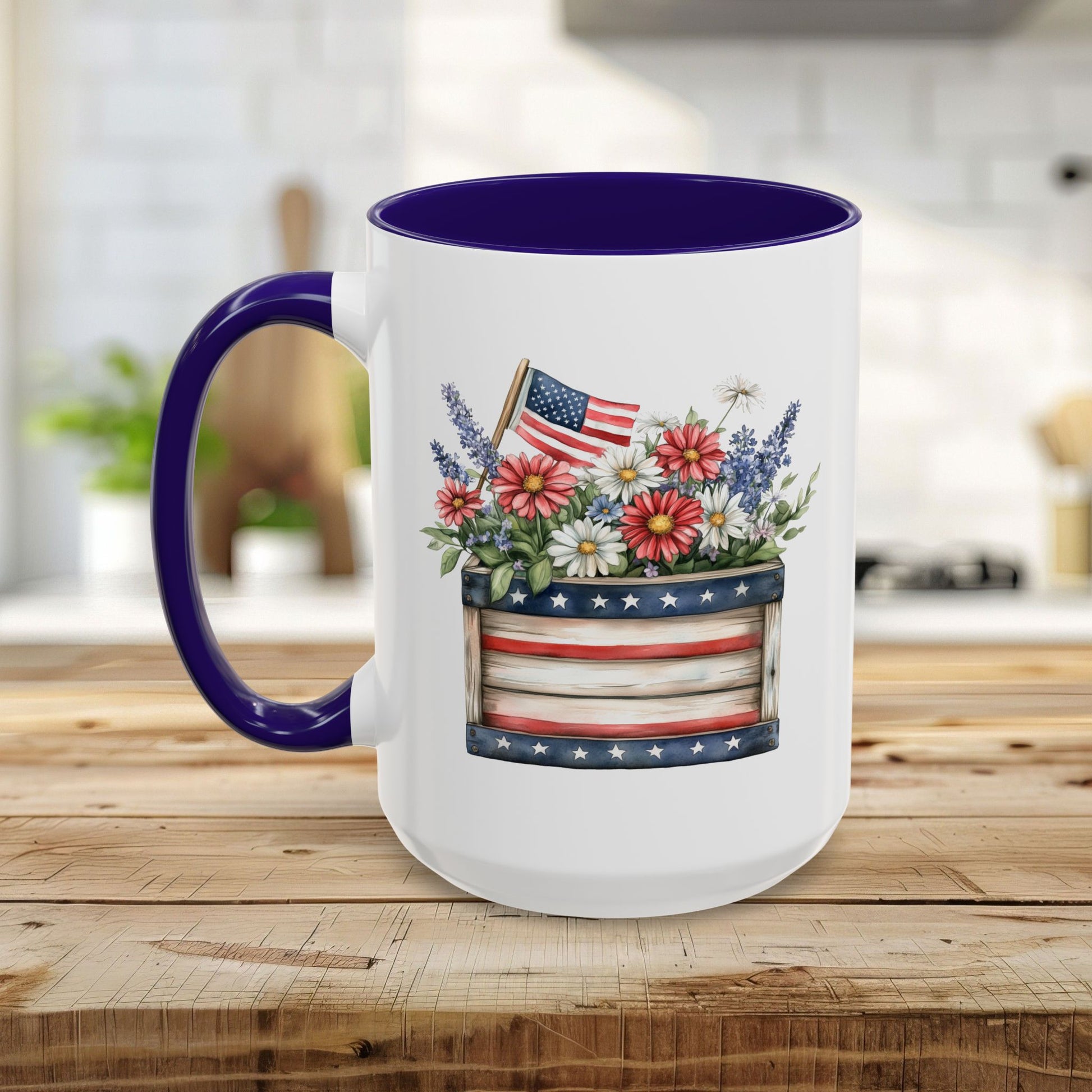 White ceramic mug with purple handle and interior, featuring a patriotic garden box with daisies, lavender, and a US flag.