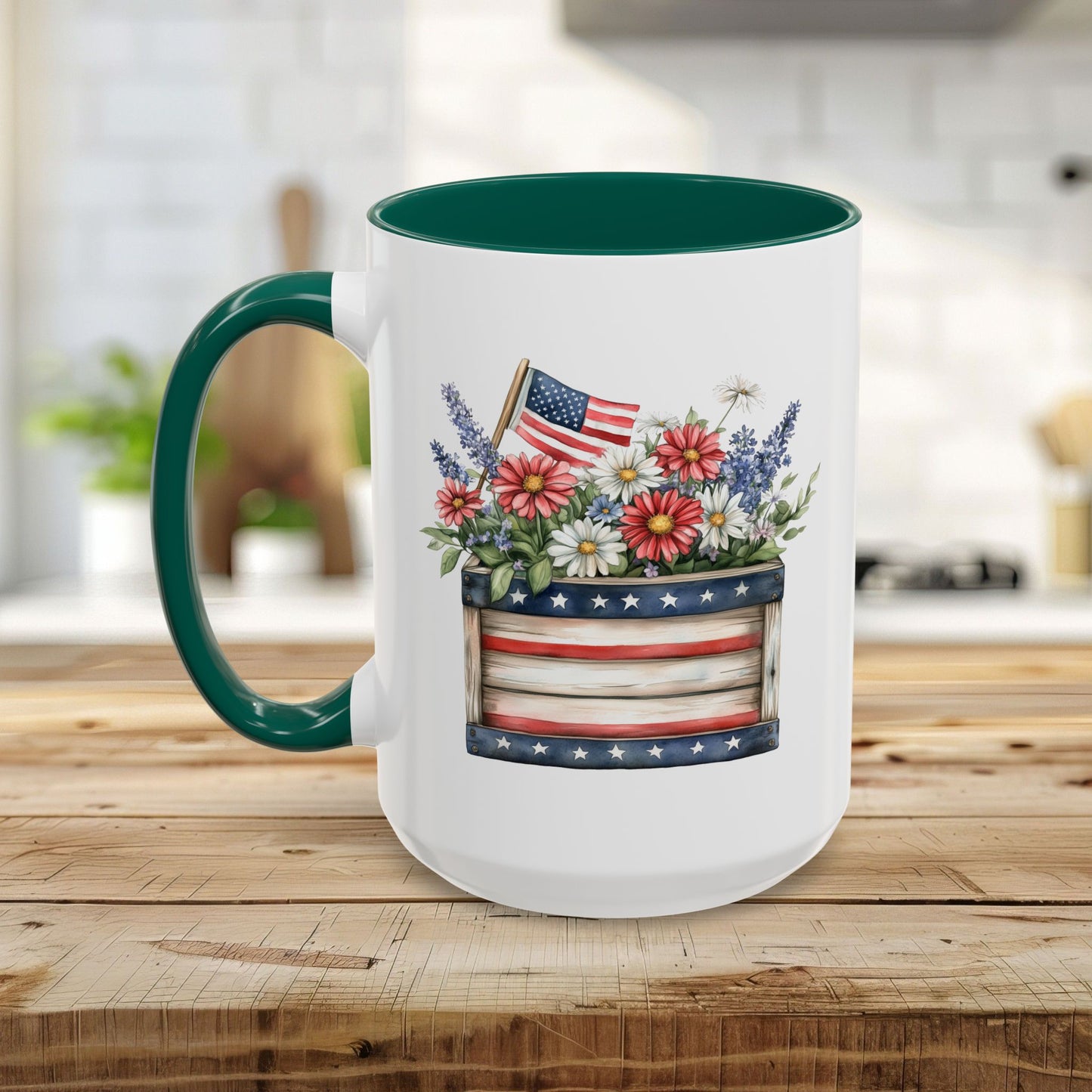 White ceramic mug with green handle and interior, featuring a patriotic garden box with daisies, lavender, and an American flag.