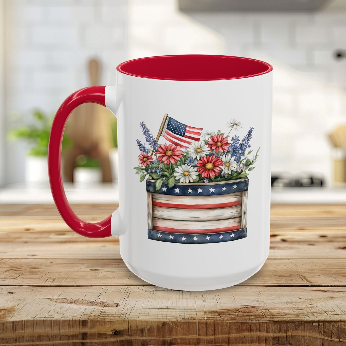 White ceramic mug with red handle and interior, featuring a patriotic garden box of daisies, lavender, and US flag.