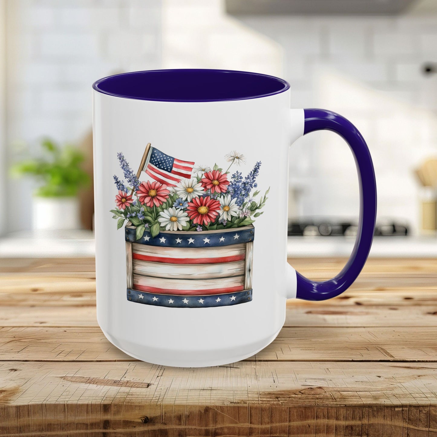 15oz ceramic mug with blue interior/handle, featuring a patriotic pail of daisies, lavender, and a US flag.