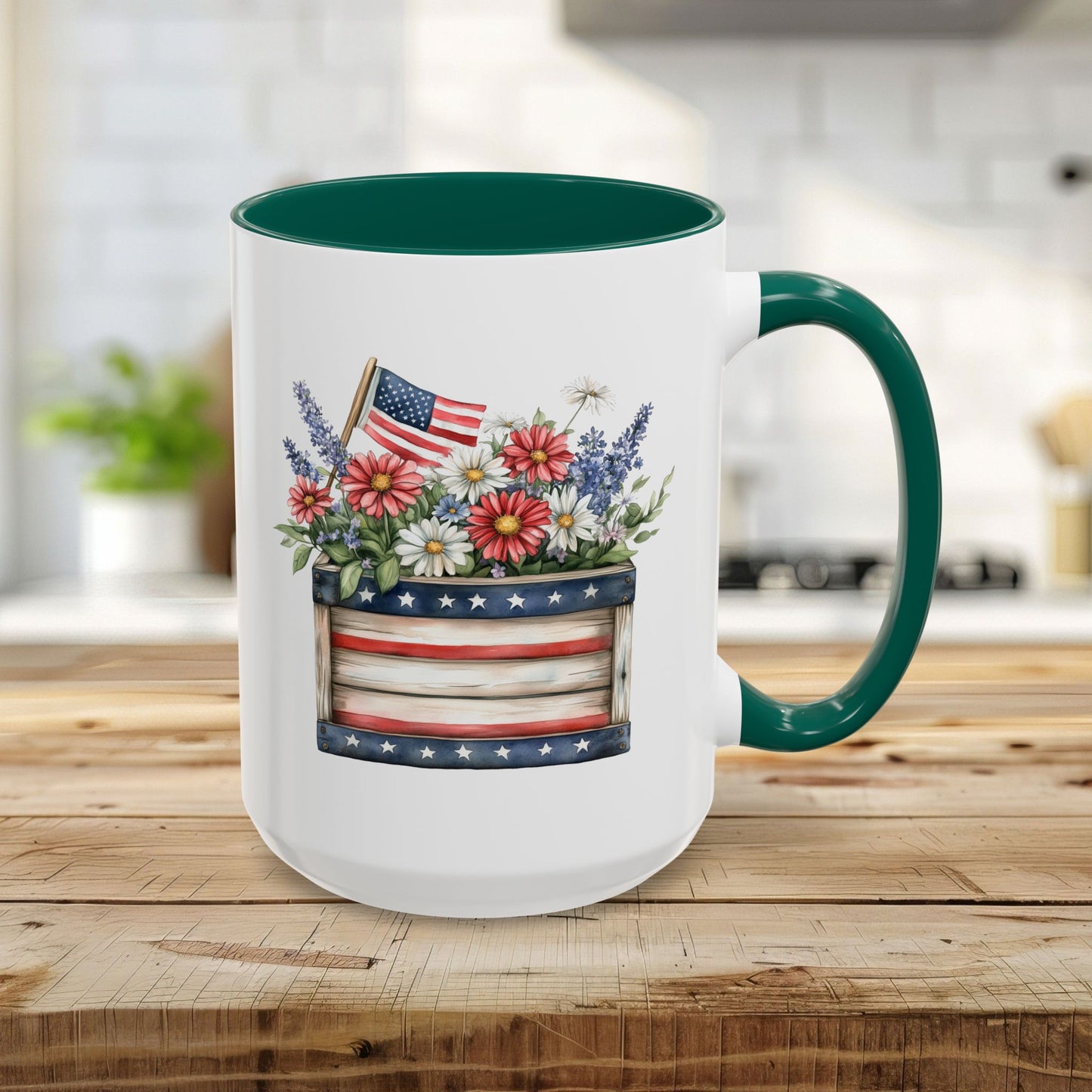 White 15oz ceramic mug with green interior and handle, featuring a patriotic garden box design with daisies, lavender, and a US flag.