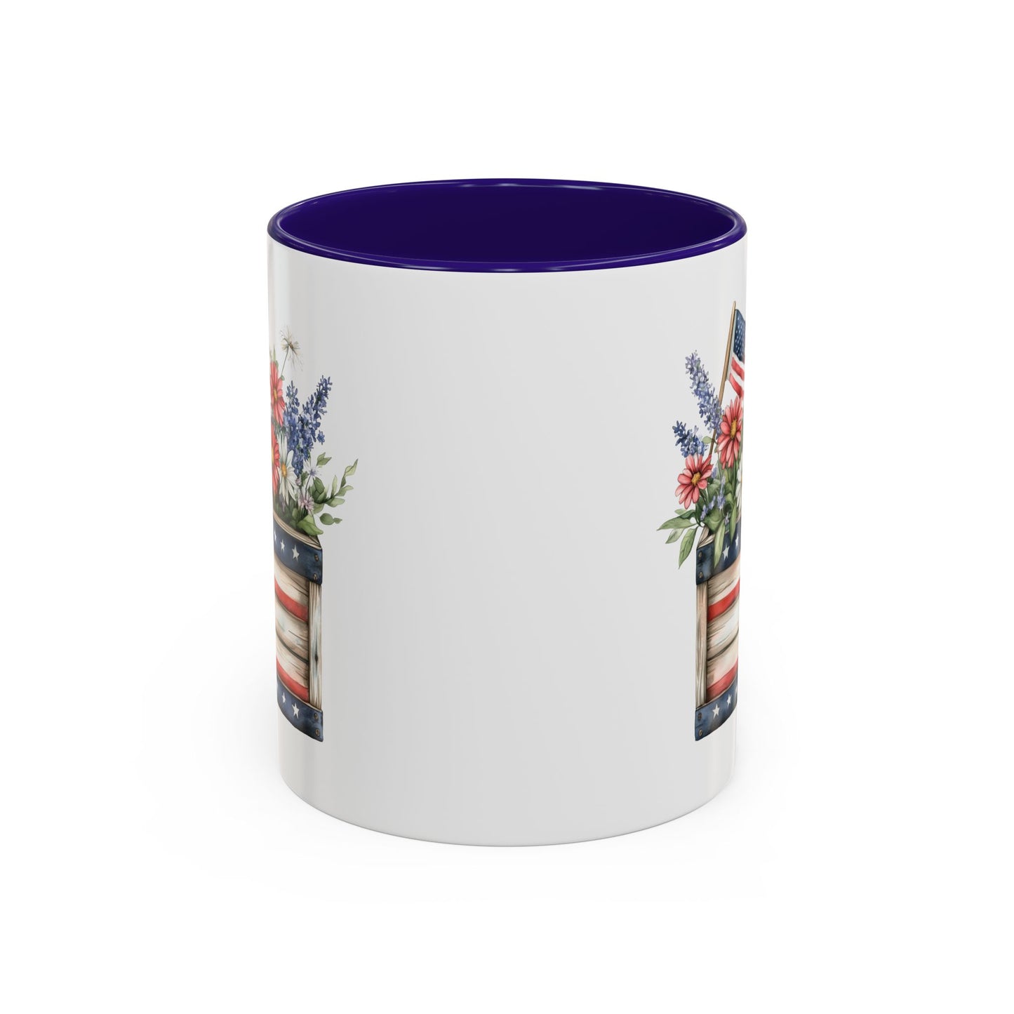 White ceramic mug with purple interior and handle, featuring a patriotic garden box with daisies and lavender.