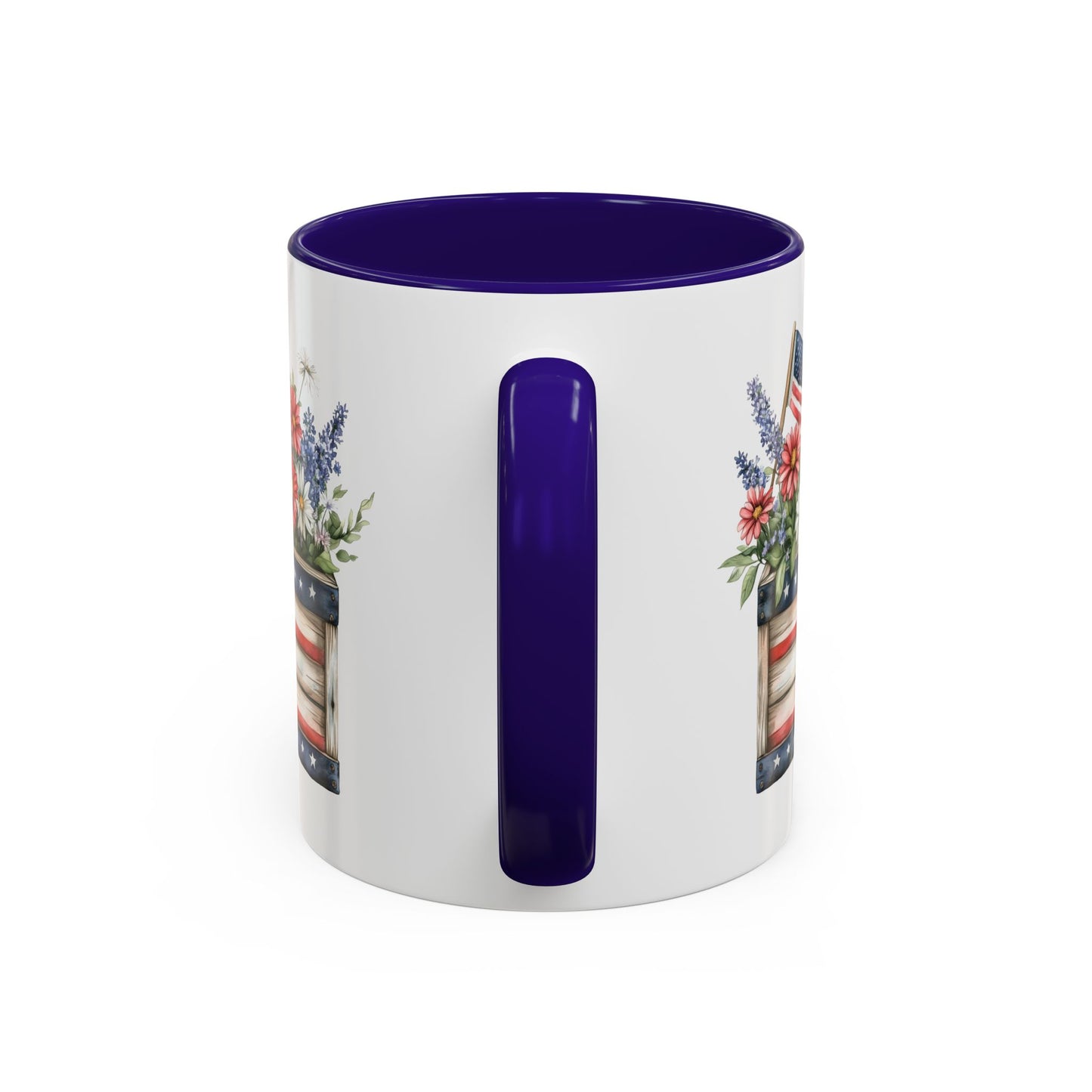 White ceramic mug with blue handle and interior, featuring a patriotic garden box with daisies and lavender.