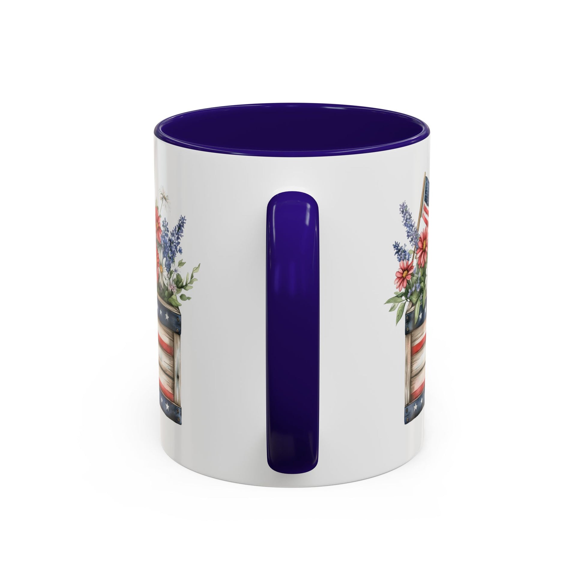 White ceramic mug with blue handle and interior, featuring a patriotic garden box with daisies and lavender.
