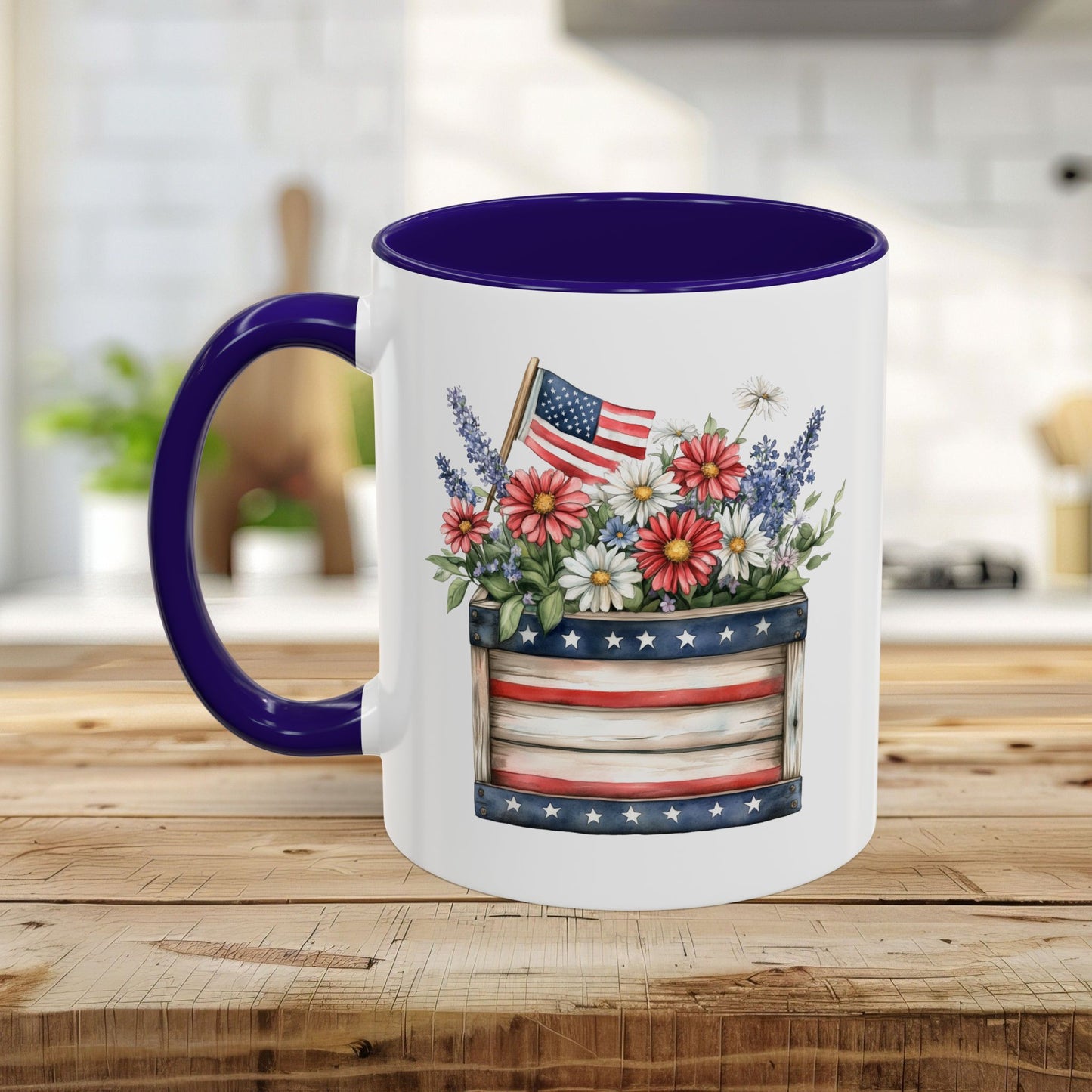 White ceramic mug with purple handle and interior, featuring a patriotic garden box with daisies, lavender, and a US flag.