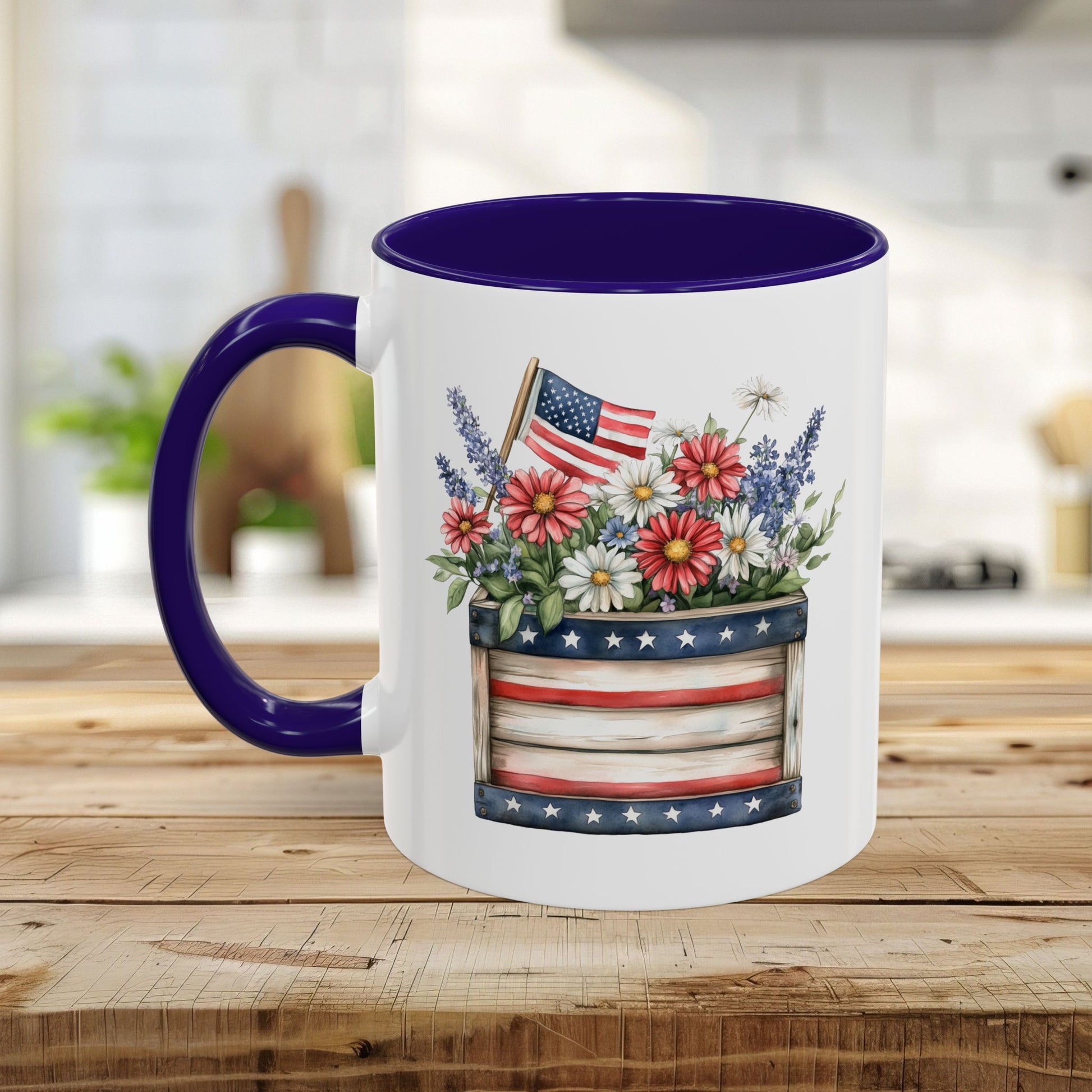 White ceramic mug with purple handle and interior, featuring a patriotic garden box with daisies, lavender, and a US flag.