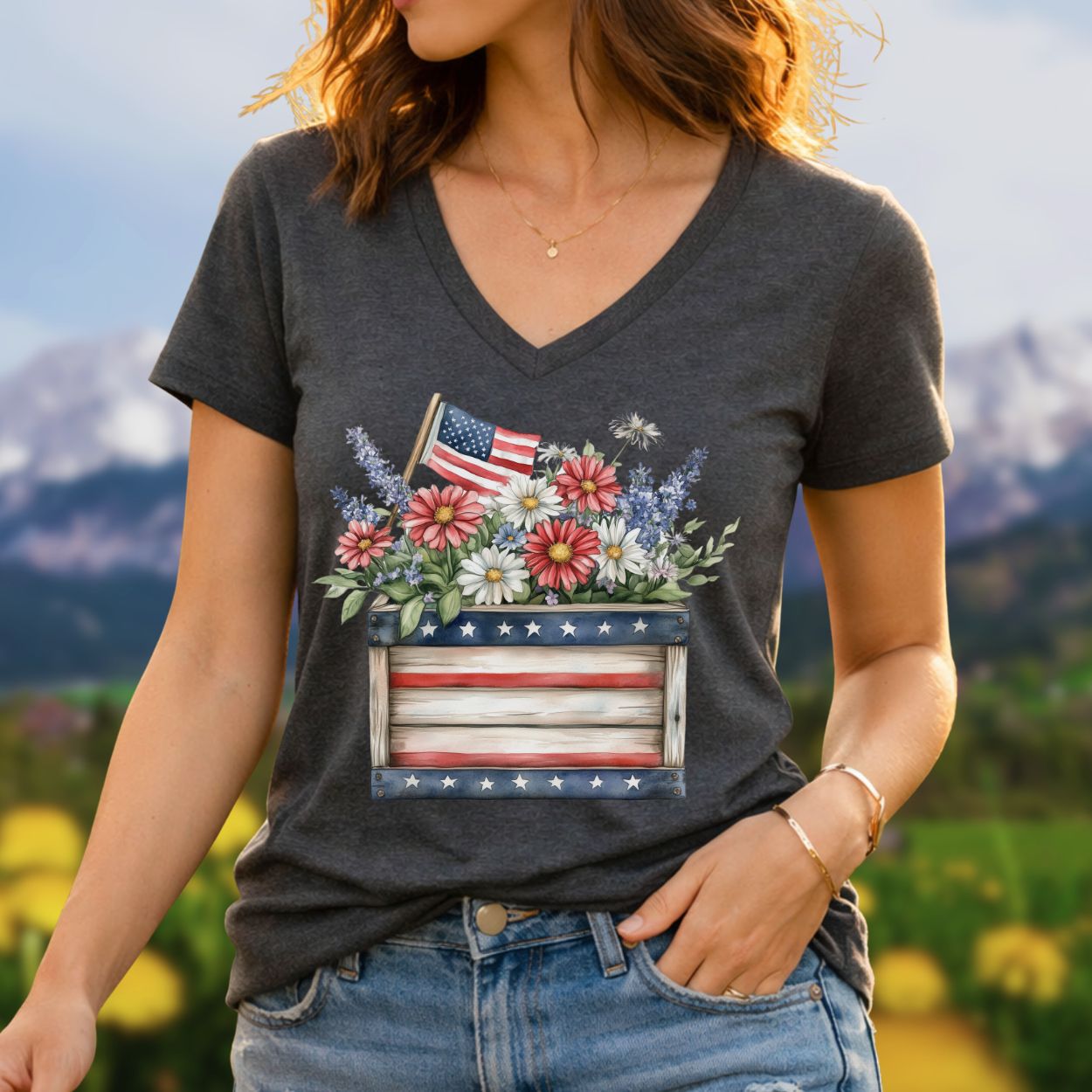 Patriotic Gardening Box with Flowers V-Neck T-Shirt