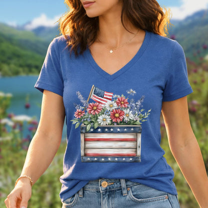 Patriotic Gardening Box with Flowers V-Neck T-Shirt