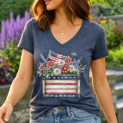 Patriotic Gardening Box with Flowers V-Neck T-Shirt