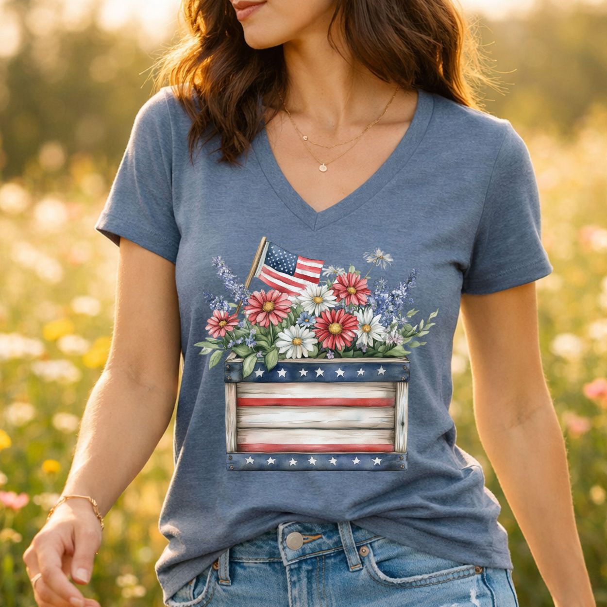 Patriotic Gardening Box with Flowers V-Neck T-Shirt