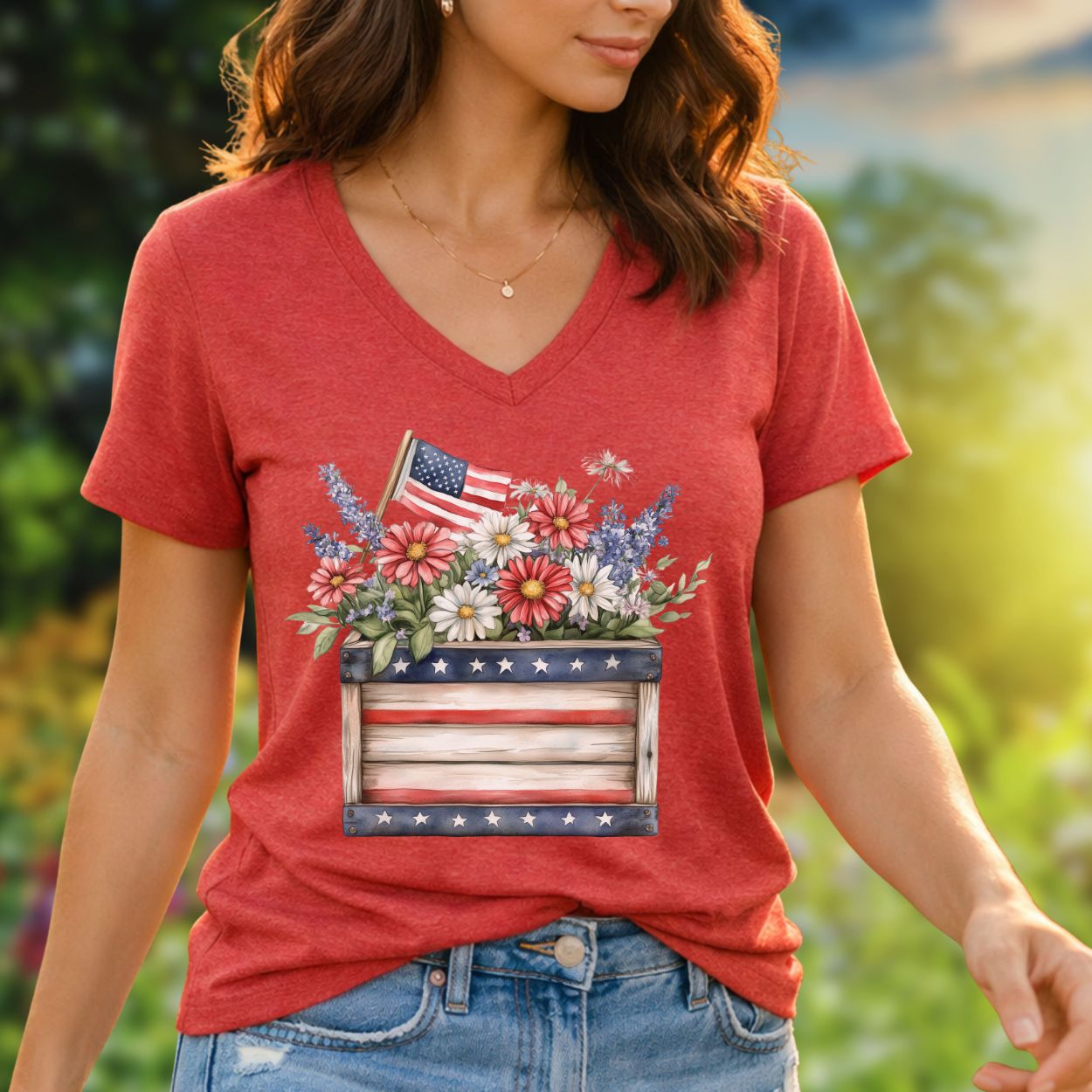 Patriotic Gardening Box with Flowers V-Neck T-Shirt