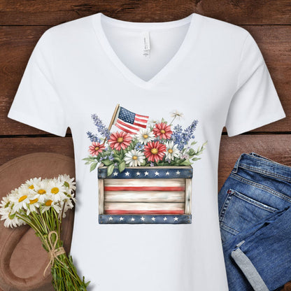 Patriotic Gardening Box with Flowers V-Neck T-Shirt