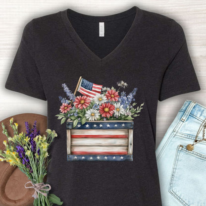 Patriotic Gardening Box with Flowers V-Neck T-Shirt