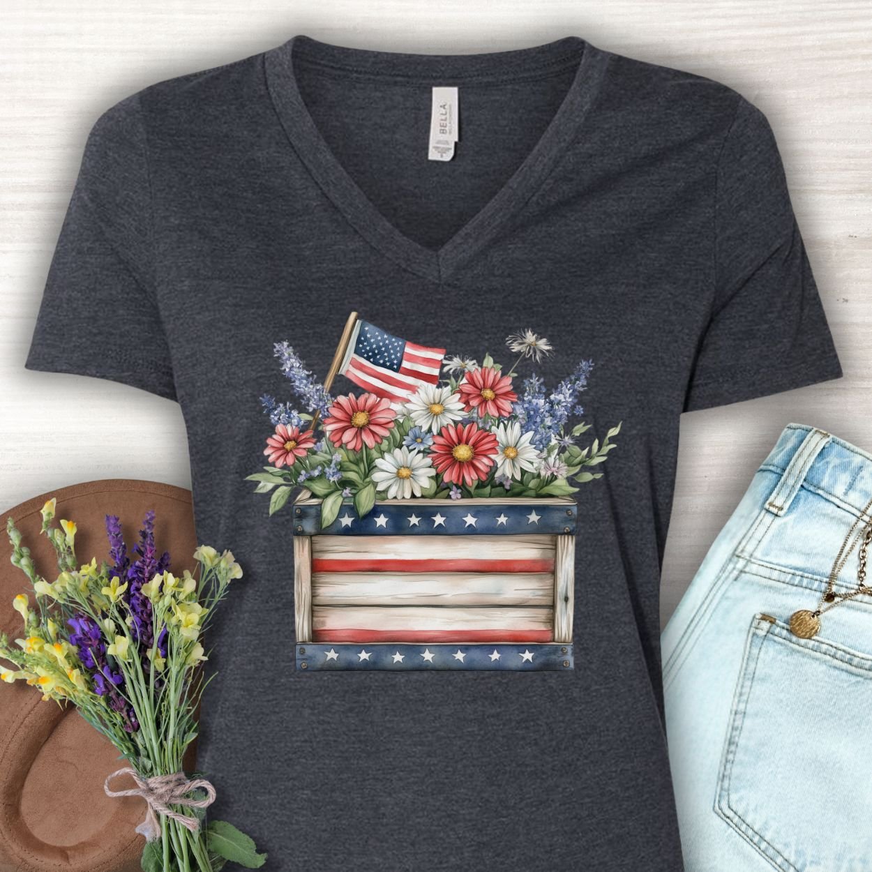 Patriotic Gardening Box with Flowers V-Neck T-Shirt