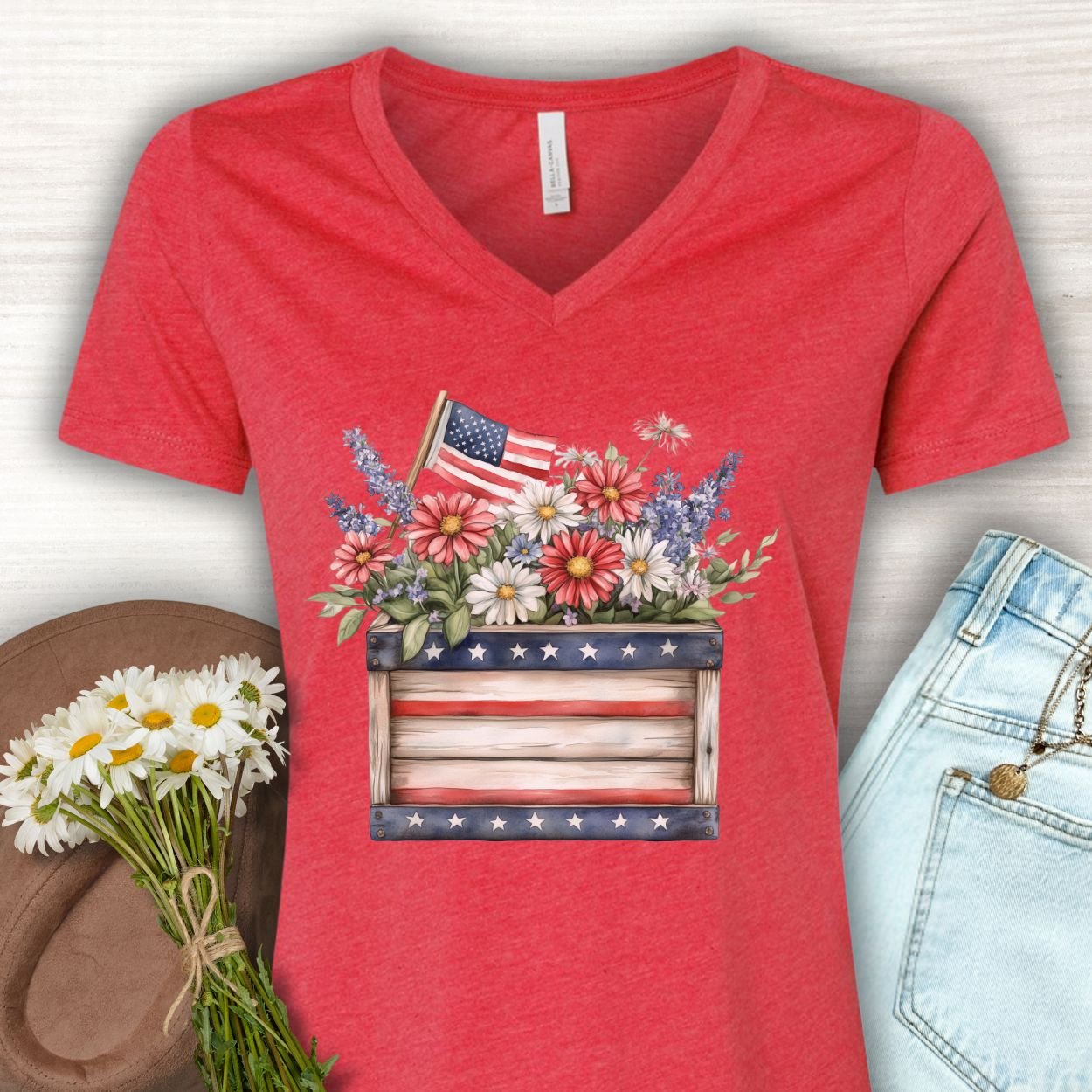 Patriotic Gardening Box with Flowers V-Neck T-Shirt