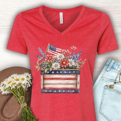 Patriotic Gardening Box with Flowers V-Neck T-Shirt
