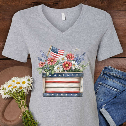 Patriotic Gardening Box with Flowers V-Neck T-Shirt