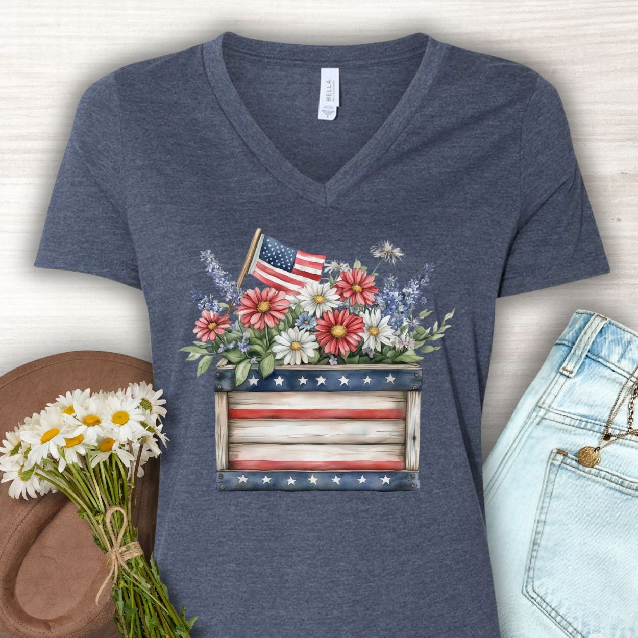 Patriotic Gardening Box with Flowers V-Neck T-Shirt