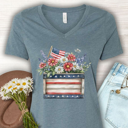 Patriotic Gardening Box with Flowers V-Neck T-Shirt
