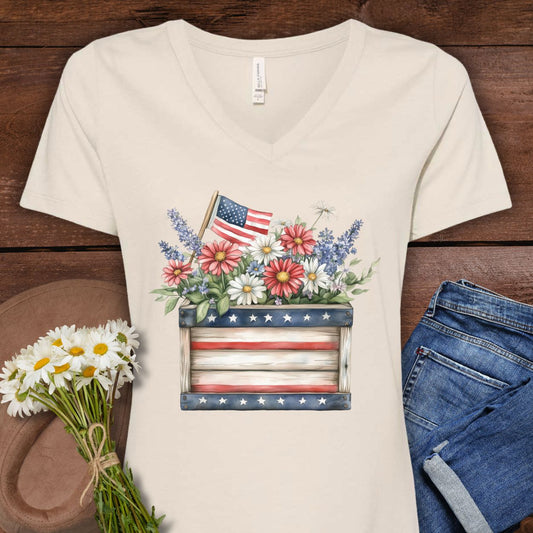 Patriotic Gardening Box with Flowers V-Neck T-Shirt