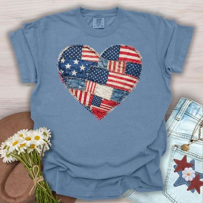 Blue Jean S t-shirt with a printed faux quilt heart of distressed American flag patches.