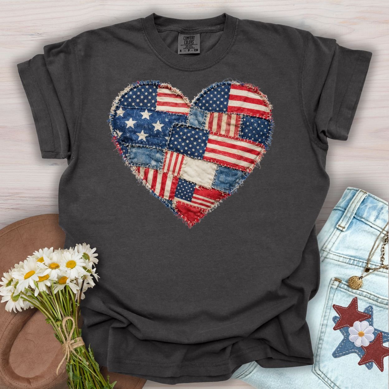 Pepper S t-shirt with a printed faux quilt heart of distressed American flag patches.
