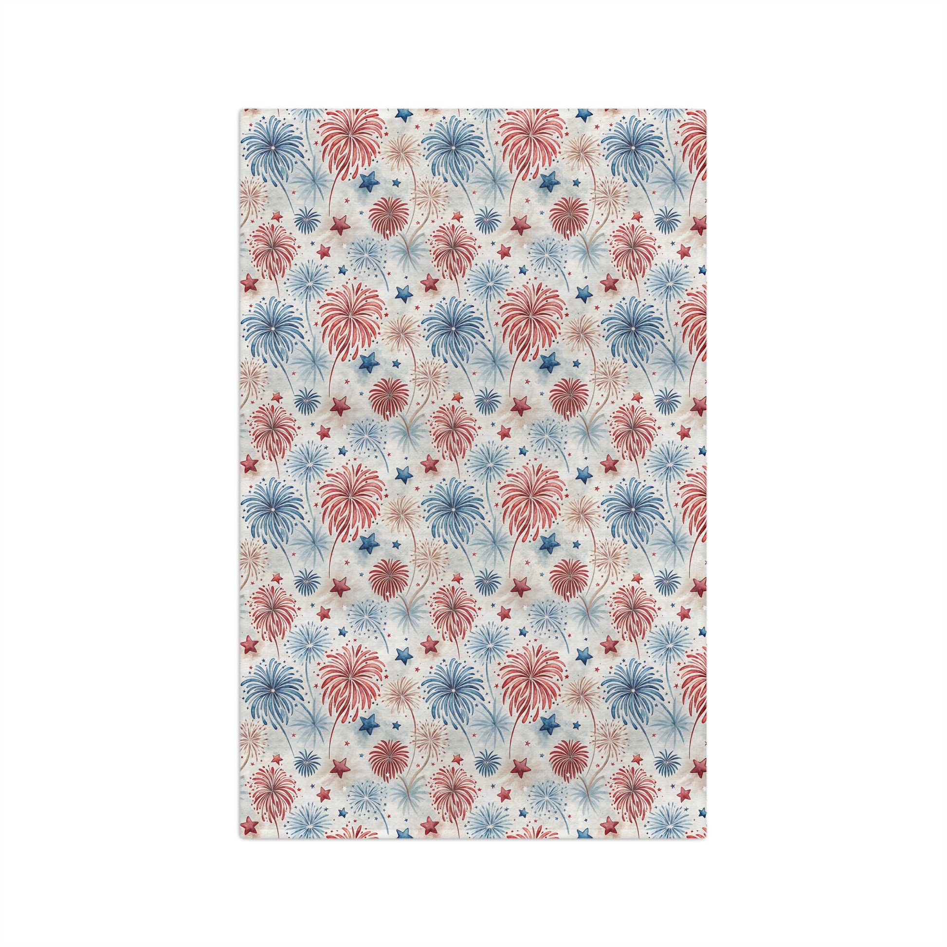 Microfiber tea towel with faded red, blue, and neutral watercolor fireworks and star pattern.