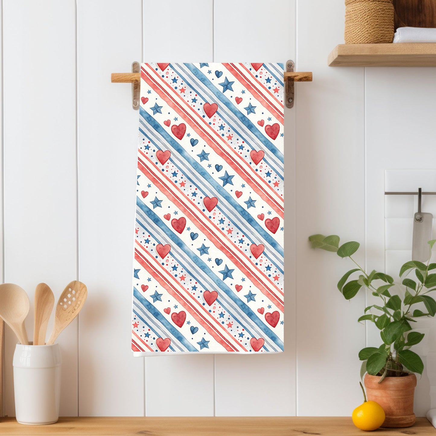 Patriotic Red Hearts & Stars Microfiber Tea Towel