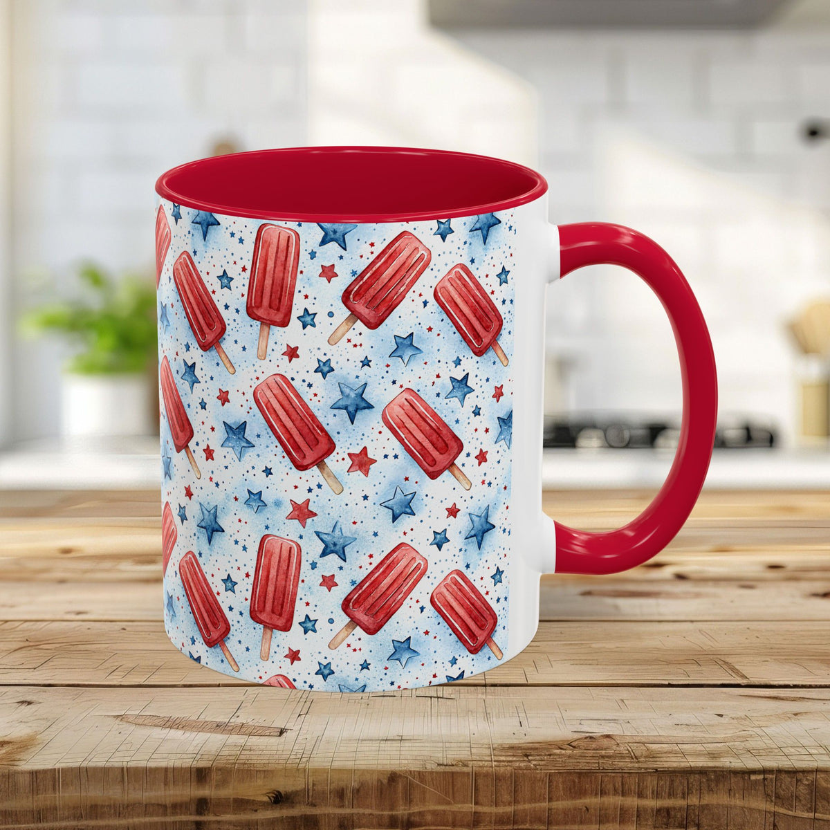 11oz ceramic mug with red interior/handle, patriotic red popsicle & blue star wraparound design.
