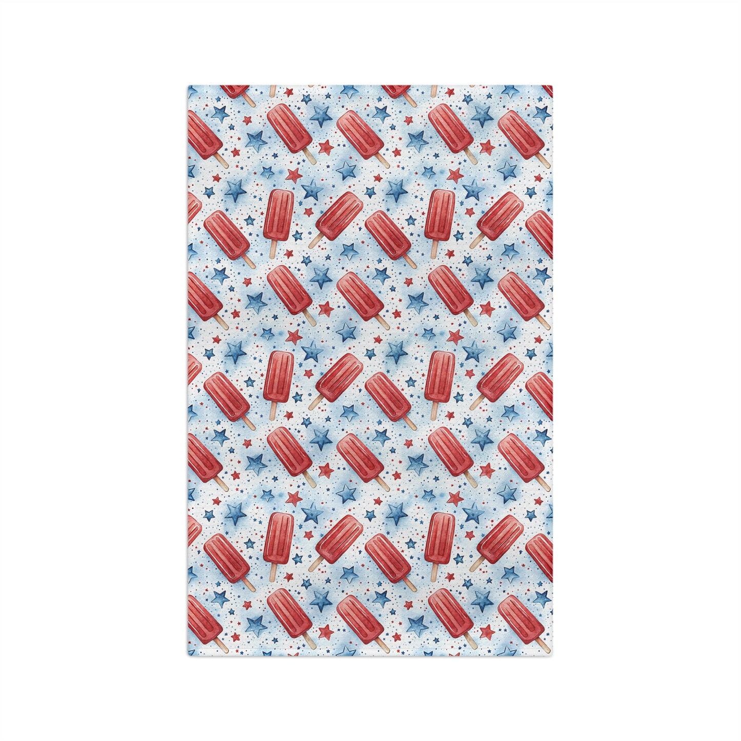 Microfiber tea towel with red popsicles and blue stars on a white background.