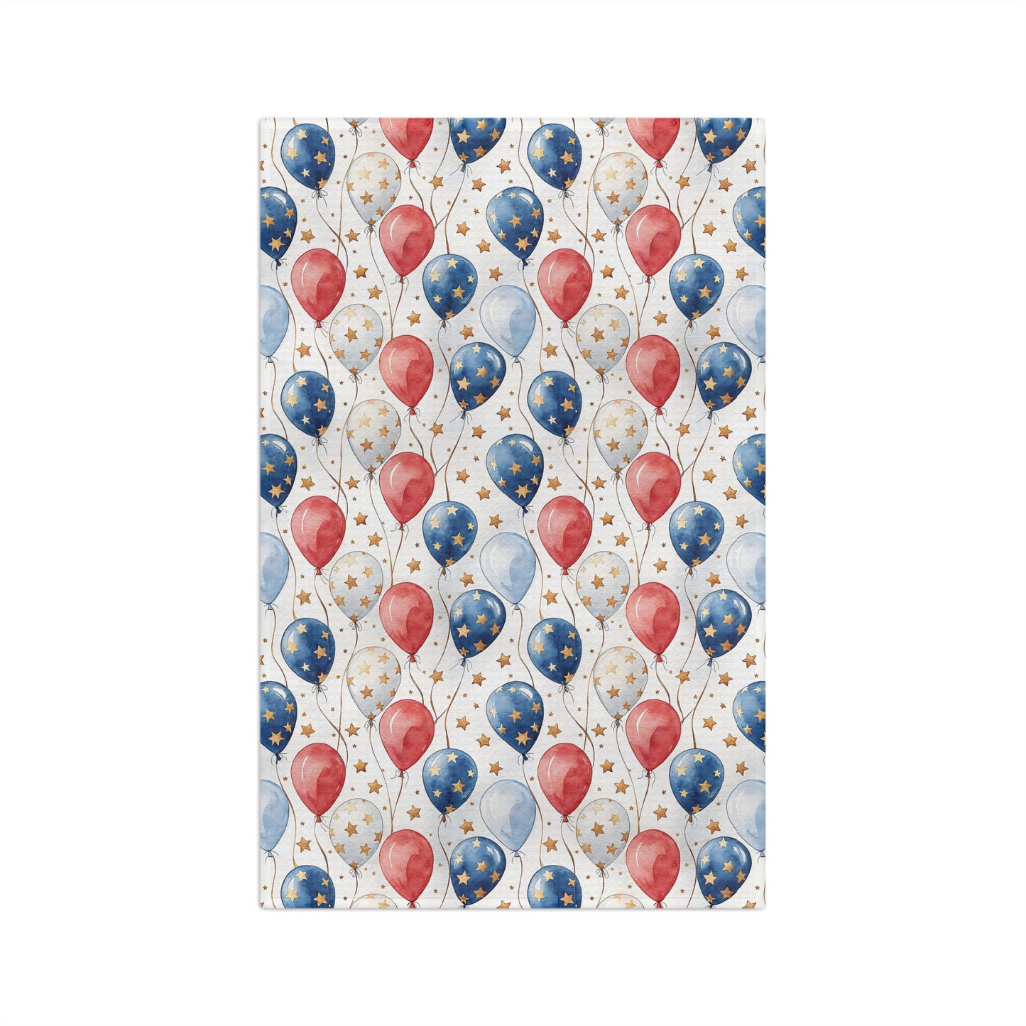 Microfiber tea towel with red, blue, and white balloons, gold stars, and hemmed edges.