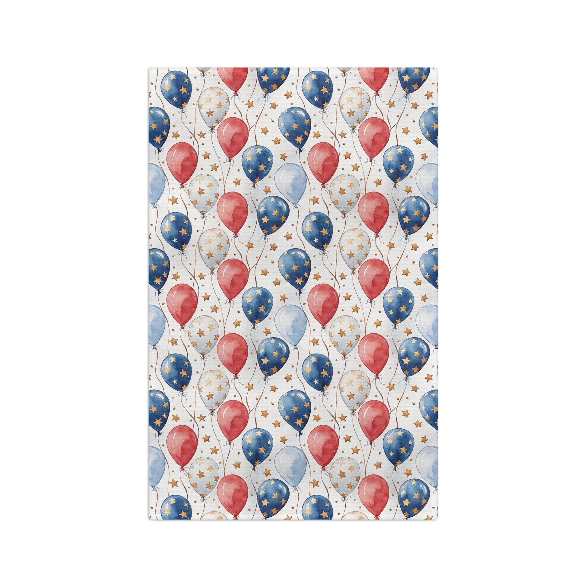 Microfiber tea towel with red, blue, and white balloons, gold stars, and hemmed edges.