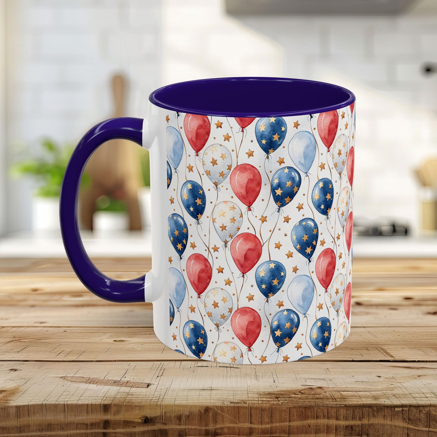 White ceramic mug with a purple handle and interior, featuring a watercolor red, white, and blue balloon print.